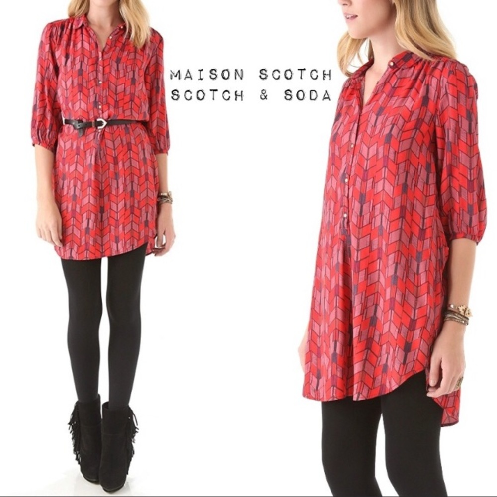 Maison Scotch La Femme Selon Marie Red Printed 3/4 Sleeves Dress/tunic S…